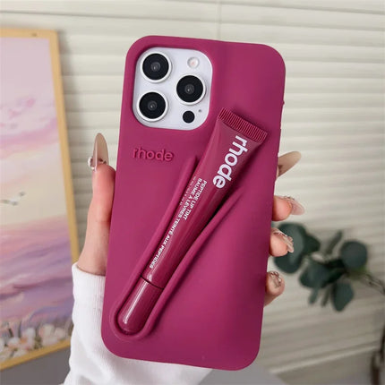 For iPhone 17 Pro Max Air 15 14 13 12 11 17 ProMax Plus Phone Case Gray Toast Ribbon Espresso Holder Silicone Lipstick Cover
