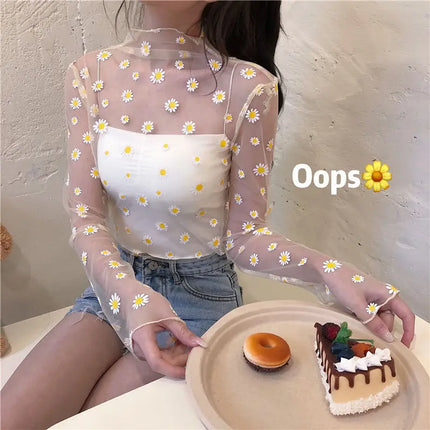 2023 Autumn Hollow Out Mesh T-Shirt Daisy Flower Pattern Crop Top Sexy Transparent Long Sleeves Basic Tops For Women Lace Tops