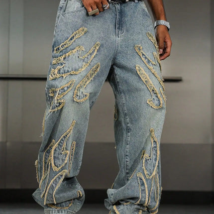 Men's Street Style Casual Patchwork Embroidered Frayed Hem Macau Blue Denim Jeans Trendy Loose Fit Straight Leg Pants