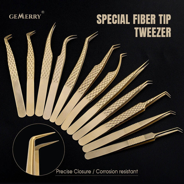 GEMERRY Golden Fiber Tips Eyelashes Tweezers Extension Stainless Steel Tweezer for Volume Fans Professional Tools