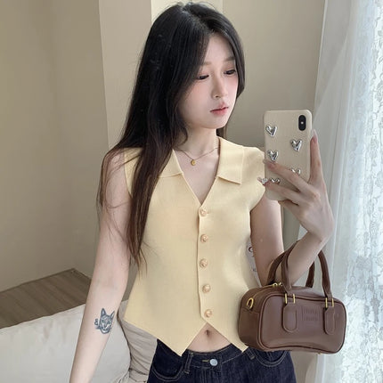 Women's French Temperament V-neck Sleeveless Slim Fit Knitted Vest Single Breasted Elegant Style