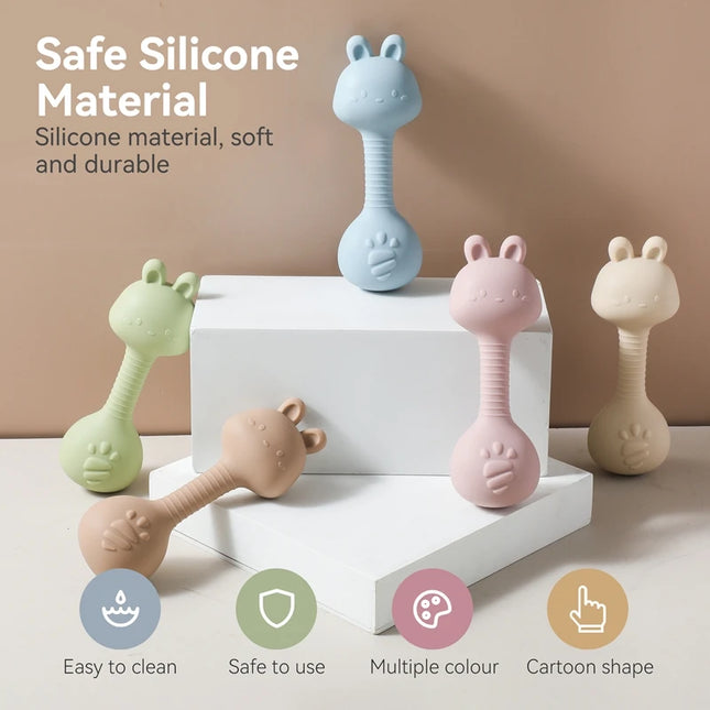 Rattles for Baby 0 3 Months Toys Cartoon Rabbits Sand Hammer Silicone Maracas Baby Silicone Rattle Toys Teether Toys for Baby