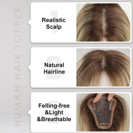 Ash Gray Brown 100% Remy Human Hair Toppers Clips In Hair Lace Base Topper Hairpieces for Women Hair Extensions 12 Inch Straight