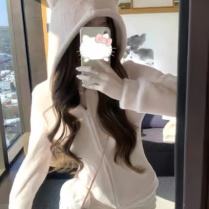 2025 Kawaii Plush Hoodie Women Bear Ear Zip Jacket Soft Warm Fleece Coat Korean Sweet Girl Winter Outerwear Cute Fashion Trend