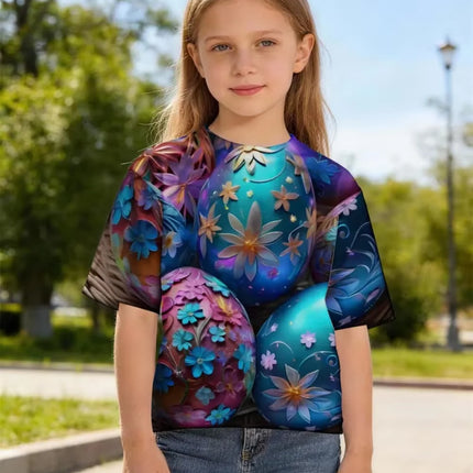 Children's Bunny Easter T-Shirt Fashion Short Sleeve Round Neck Regular Top Holiday Cute Rabbits Eggs Print Summer Girls Clothes