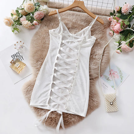 See-Through Lingerie Chemise Nightdress Women's Back Cross Tied Sleeveless Cami Bodycon Dress Nightgown Sleepwear Slips Nightie