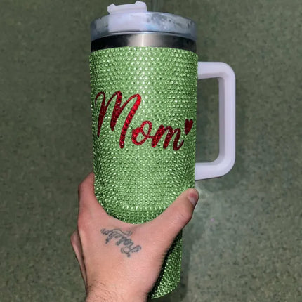 40Oz Stainless Steel Tumbler with Straw Mother's Day Gift Handmade Rhinestone Water Bottle Tumbler Luxury Bling Thermos Bottle