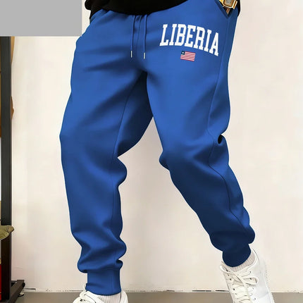Liberia Flag Letter Printed Sweatpants Mens Basics Fleece Warm Jogger Pants Casual Pocket Trousers Winter Loose Male Clothes