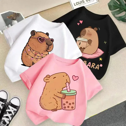 Summer Cartoon Capybara Pattern Print Children's Short-Sleeved Shirt Kid Fashion Cotton T-shirt Boy Girl Comfortable Top Clothes