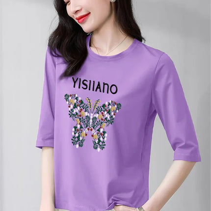 High-End Pure Cotton T-Shirt Women's Summer 3/4 Sleeve 2025 New Korean Style Fashionable Simple Slimming Top Body Shirt