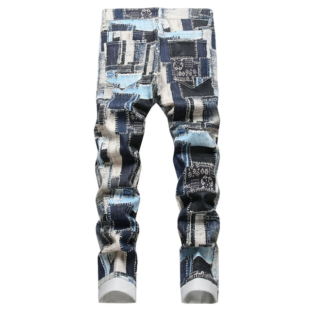 Best-selling Men's Stretch Jeans, Blue Checkered Denim Pants, Casual Trousers in Asian Sizes.