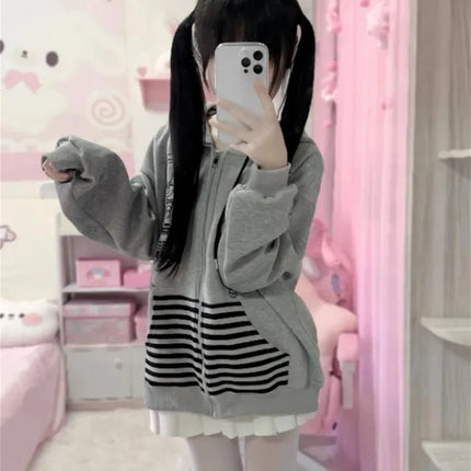 Japanese Y2k Hoodies Jackets Women Clothes Polka Dot Cat Print Sweatshirts 2025 Ropa Mujer Casual Chic Hooded Cute Hoodie Tops