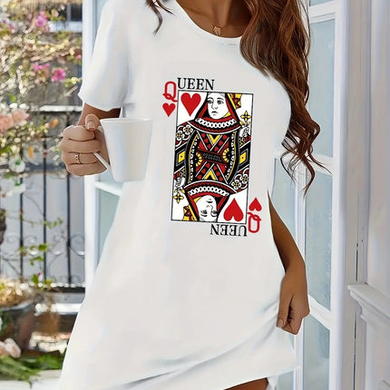 Women Queen of Hearts Card Print Nightdress Short Sleeve Round Neck Comfortable All-Season Casual Homewear Stylish T-shirt Dress