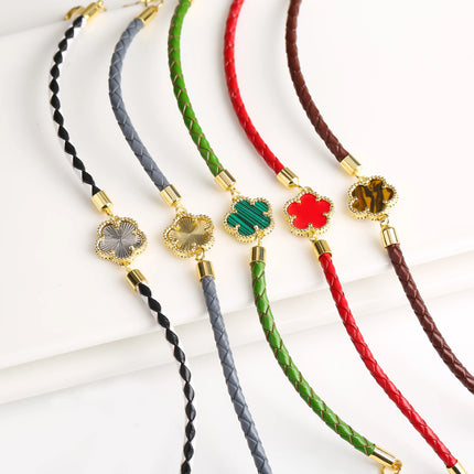 Classic Genuine Leather Woven Natural Stone Five Leaf Flower Charm Bracelet Fashion for Women Girls Party Wedding Jewelry Gift