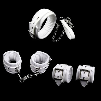 Soft Padded White BDSM Bondage Restraint Wrist Handcuffs Neck Collar Ankle Cuffs with Chain Slave Erotic Flirting Adult Sex Toys