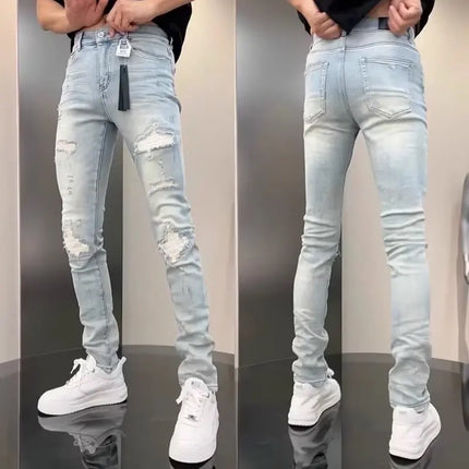 Vintage Blue Slim Fit Stretch Jeans For Men Casual Versatile Ripped Hole Skinny Denim Pencil Pants