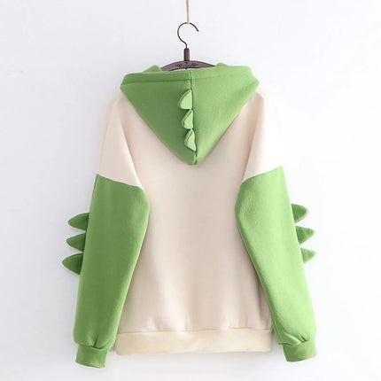 Winter Casual Hoodie Cartoon Dinosaur Color Block Pullover Tops Men Women Loose Long Sleeve Sweatshirt Holiday Gift