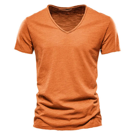 Brand Quality 100% Cotton Men's T-shirt V-neck Fashion Design Slim Fit Solid T-shirts Male Tops Tees Short Sleeve T-Shirt For Men
