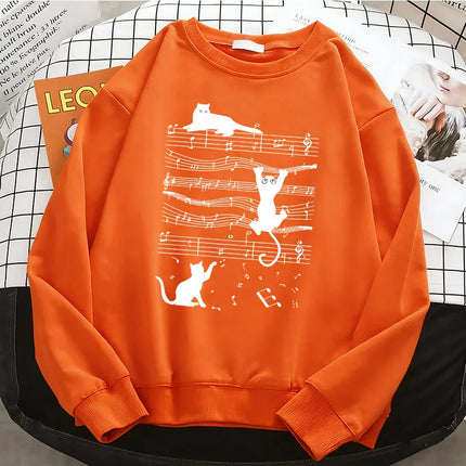 Japanese Style Music Cat Womens Solid Hoodies Basic Warm Fleece Sweatshirt Soft Streetwear O-Neck Pullover Casual Female Clothes