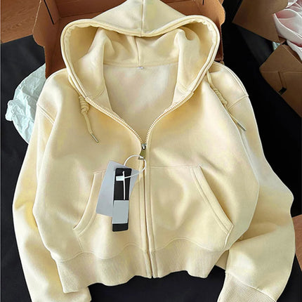 Early Autumn Chic Casual Hoodie Jackets Slim Fit Long Sleeve Cropped Top Zip-up Warm Cardigan Korean Style Hooded Sweatshirt