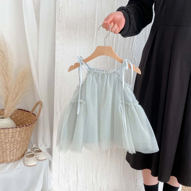 Girls' strap dress, new summer Korean girls' sweet princess mesh strap dress, suitable for outings
