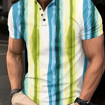 Men's 3D Digital Printed Plaid Casual Short Sleeved Buckle T-shirt Polo Shirt Top