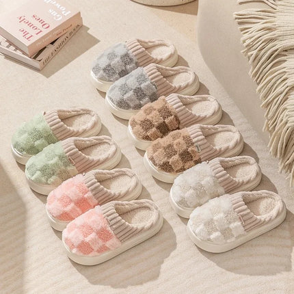 Fashion Couple Winter Toe Wrap Warm Plaid Plush Slippers Men Women Thick Soft Sole Slides Indoor Floor Flat Home Non-slip Shoes