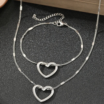 Uorich Classic Simple Hollow Out Loving Heart Necklace Bracelet for Women Unisex Stainless Steel Jewelry Set Gifts Daily Wear