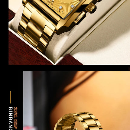 BINBOND Luxury Quartz Watch for Men Golden Square Large Dial 30M Waterproof Leather Strap Wrist Watches Date Display Men's Watch