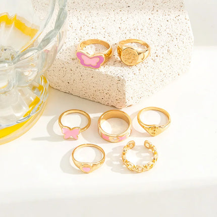 Colorful Enamel Butterfly Kunckle Rings Set For Women Geometric Heart Dollar Sign Finger Ring Girls Summer Fashion Jewelry
