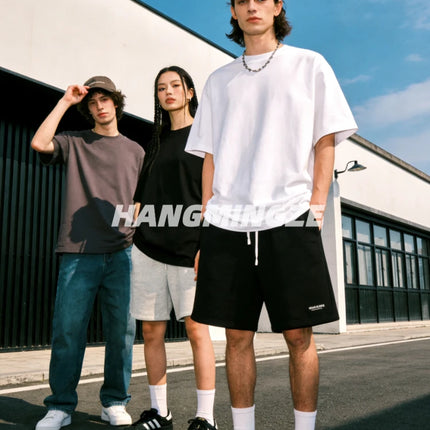 Oversize T-shirts 230GSM Cotton Couple T-Shirt High Street Short Sleeves Tee Shirt Solid Color Casual Loose Basic Streetwear Top