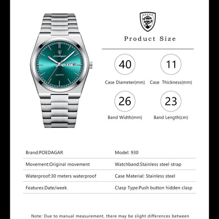 POEDAGAR Exquisite Business Men's Watch Stainless Steel Waterproof Luminous Man Wristwatch Date Week Classic Men's Quartz Watches