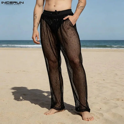 INCERUN Men's Pants Mesh Patchwork Joggers Drawstring Casual Trousers For Man Streetwear See Through Sexy 2026 Casual Male Pants