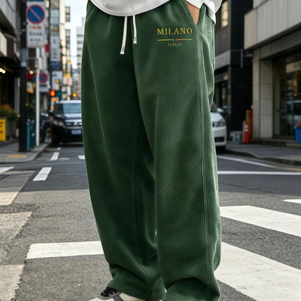 Men's Standing Corduroy Wide Leg Pants with Elastic Drawstring, Loose Straight Leg Pants, MILANO Letter Print, Choose From S-4XL