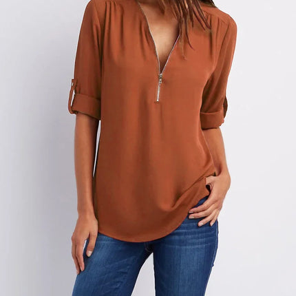 2024 Quality HotSale Plus Size Deep V Neck Women Blouse Chiffon Cool Loose Shirt Fashion Casual Ladies Tops Sexy Zipper Pullover