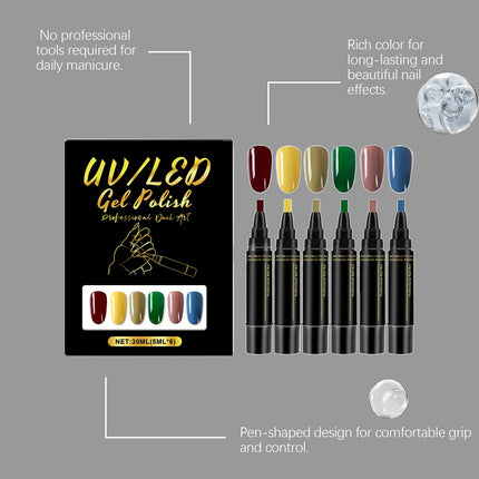 6 Color Nail Polish Pen Bright Color Smooth Drawing Quick Dry Long Wear Easy Grip Portable DIY Nail Creation Nail Art Pens Set
