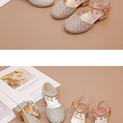 Girls High Heeled Shoes for Wedding Party Glitter Rhinestone Pendants Shiny Glitter Fashion Princess Kids Leather Dress Shoes