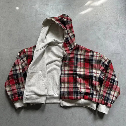 Winter Casual Plaid Print Hoodie Women's Warm Zip-Up Double-Sided Wear Sweatshirt Female Fashion Trendy Loose Hooded