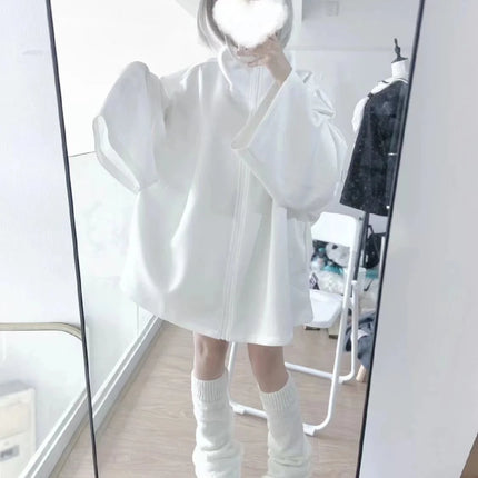 Cute Angel Nearby Spring Summer Style Women's Loose Zipper White Sweatshirt Jacket Student Sweet Style Long Sleeve Regular Le...