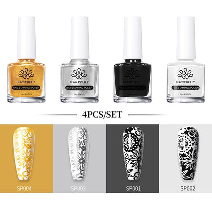 BORN PRETTY 4/6/8pcs Black White Nail Stamping Polish Varnish Set Kits Gold Silver for Nail Art Plates Stamp Oil Stamping Series