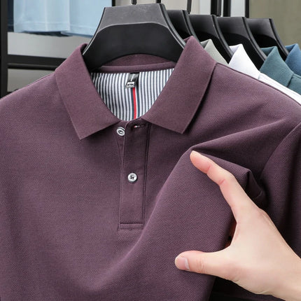 100% Pure Cotton Short-Sleeved Men's Polo Shirt Summer Boutique Fashion High-Quality Top Solid Color Collar Back Striped T-Shirt