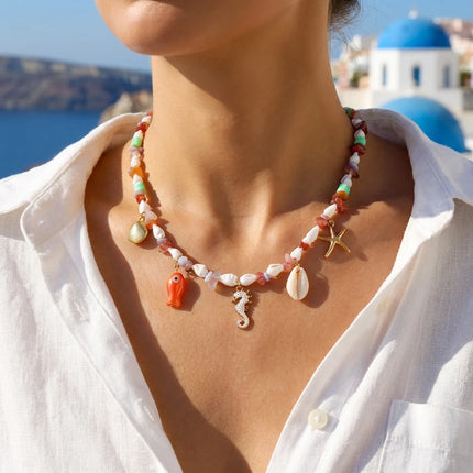 Beach Style Colorful Ceramic Fish Starfish Choker Necklace For Women Ocean Series Scallops Beaded Necklaces Vacation Jewelry