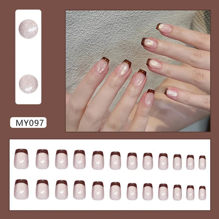 Dark Brown Flowers 24 Pcs Press-on Nails Pink Nail Polish Glossy Artificial Finger Manicure Reusable False Nails