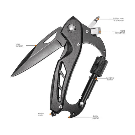 Multifunction EDC Pocket Tool Carabiner Folding Knife with Car Window Breaker Portable Outdoor Camping Utility Gadget for Travel