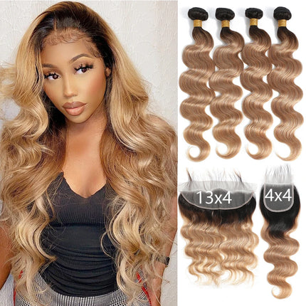 Ombre Body Wave Bundles With Frontal T1b/4/27 Colored Bundles With Frontal Brazilian Hair Bundles With Lace Frontal Closure