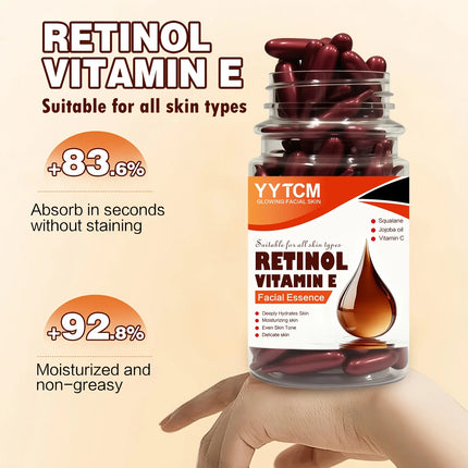 Retinol Vitamin E Deep Moisturizing Capsule Essence, Hydrates, Firms, and Smooths Skin, Contains Plant-Based Squalane, Vitamin C, Deep Hydration and Brightening Skin Essence (0.4Gx90 Capsules)/Bottle-1 Bottle