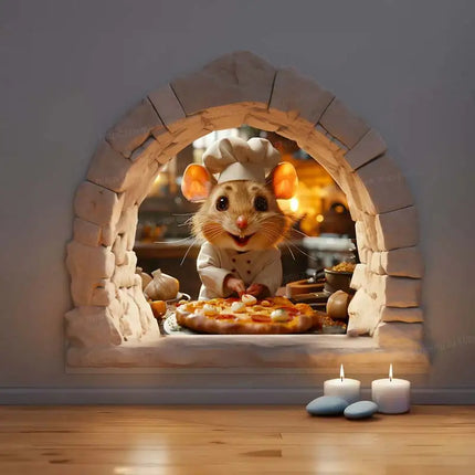 Chef Mouse Wall Decal - Adorable Mouse Hole Sticker with Cute Chef Mouse Making Pizza in Kitchen-Quirky Kitchen Decor M1082