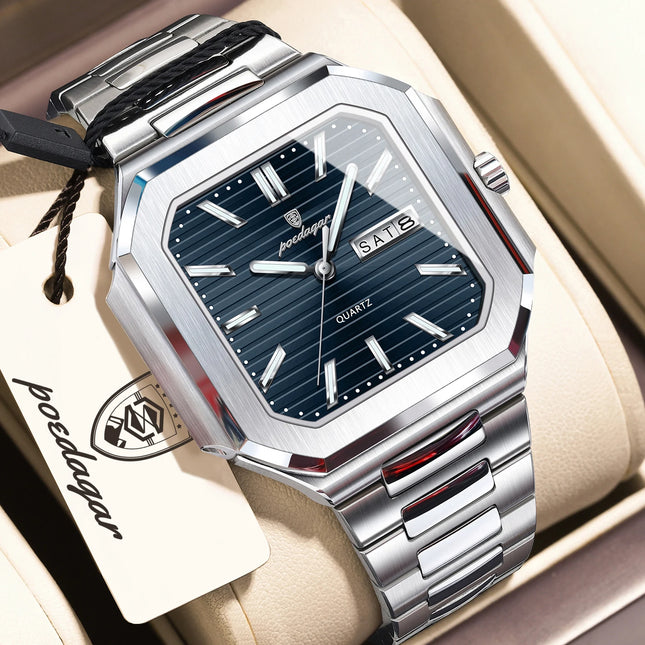 POEDAGAR Business Male Watch Waterproof Luminous Date Week Classic Watches For Men Stainless Steel Men's Quartz Wristwatch Reloj