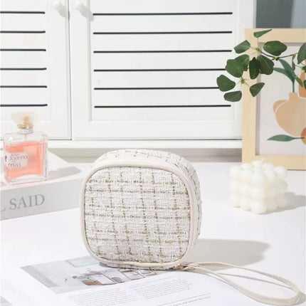 Women Makeup Pouch TikTok Viral Organizer Bag, Tweed Fabric Cosmetic Case with Long Handle for Travel Toiletries Sanitary Pads