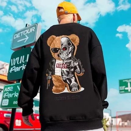 M-8XL Autumn Men Oversized Sweatshirts Fashion Loose Steel Muppet Bear Print Sweatshirts Long Sleeve Plus Velvet Couple Clothes